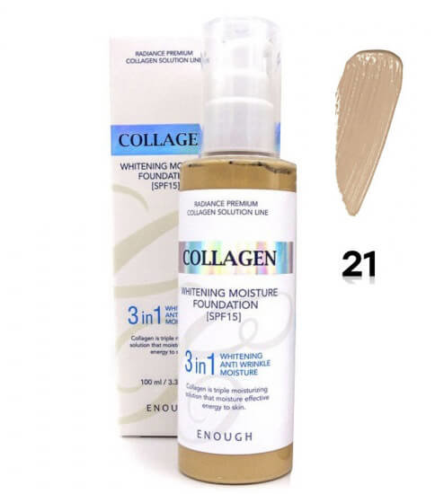 Тональный крем с коллагеном и гиалуроновой кислотой Enough - Collagen Whitening Moisture Foundation 3 in 1 SPF 15, осветляющий тон 21