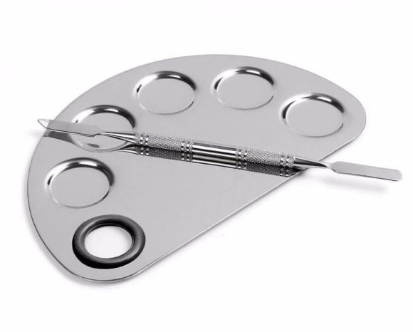 Палитра металлическая полукруглая для смешивания косметики + шпатель Палитра металлическая полукруглая для смешивания косметики + шпатель